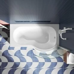 Drench P Shaped Shower Bath With Front Panel And Shower Screen - 1500mm -Drench Store 1500 pshape shower bath screen rail3 1