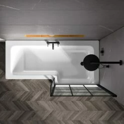 Drench L Shaped Shower Bath With Black Grid Shower Screen & Panel - 1700mm -Drench Store 1700 l shape standard shower bath black crittal screen lifestyle3