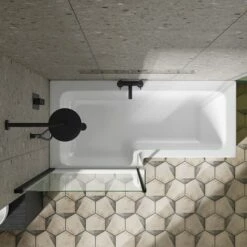 Drench L Shaped Shower Bath With Black Shower Screen & Panel - 1700mm 18 Drench L Shaped Shower Bath With Black Shower Screen & Panel - 1700mm -Drench Store 1700 l shape standard shower bath black fixed return screen left hand lifestyle3