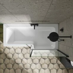 Drench L Shaped Shower Bath With Black Shower Screen & Panel - 1700mm 14 Drench L Shaped Shower Bath With Black Shower Screen & Panel - 1700mm -Drench Store 1700 l shape standard shower bath black fixed return screen lifestyle3