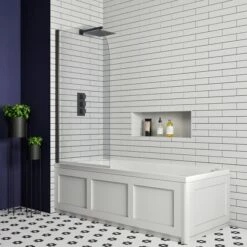 Butler & Rose Art Deco Shower Bath & Shower Screen -Drench Store butler and rose art deco bath 1700x750 black curved screen lifestyle 2