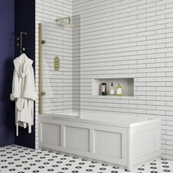 Butler & Rose Art Deco Shower Bath & Shower Screen -Drench Store butler and rose art deco bath 1700x750 brushed brass square screen lifestyle 2