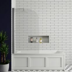 Butler & Rose Art Deco Shower Bath & Shower Screen -Drench Store butler and rose art deco bath 1700x750 chrome curved screen lifestyle