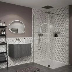 Crosswater Gallery 8 Walk In Shower Enclosure 8mm Panels With Multiple Configurations - Slate -Drench Store crosswater gallery 8 panel with hinged deflector wall bar enclosure slate room set