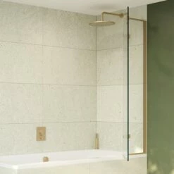 Crosswater Optix 10 Hinged Bath Screen With Inline Panel - Brushed Brass - 1500 X 900mm -Drench Store crosswater optix 10 brushed brass bath screen half open