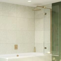 Crosswater Optix 10 Hinged Bath Screen With Inline Panel - Brushed Brass - 1500 X 900mm -Drench Store crosswater optix 10 brushed brass bath screen open 2