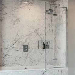 Crosswater Optix 10 Hinged Bath Screen With Inline Panel - Polished Stainless Steel - 1500 X 900mm -Drench Store crosswater optix 10 polished steel bath screen half open