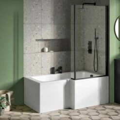 Drench L Shaped Shower Bath With Panel And Shower Screen - 1500mm 21 Drench L Shaped Shower Bath With Panel And Shower Screen - 1500mm -Drench Store drench 1500 l shaped bath black fixed return screen lifestyle1 1