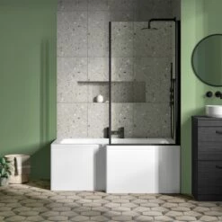 Vellamo City 6mm Matt Black Square Corner Hinged Bath Screen With Fixed Return - 1430 X 808mm -Drench Store drench 1500 l shaped bath black fixed return screen lifestyle2