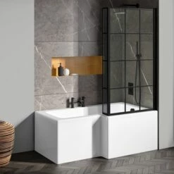 Drench L Shaped Shower Bath With Panel And Shower Screen - 1500mm 18 Drench L Shaped Shower Bath With Panel And Shower Screen - 1500mm -Drench Store drench 1500 l shaped bath black grid screen lifestyle1