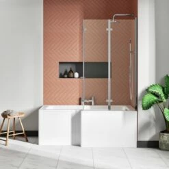 Drench Polished Chrome Double Hinged L-Shaped Bath Screen - 1400 X 825mm -Drench Store drench 1500 l shaped bath double hinged screen lifestyle2