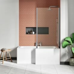 Drench Polished Chrome Fixed L-Shaped Bath Screen With Fixed Return - 1400 X 805mm -Drench Store drench 1500 l shaped bath screen fixed return lifestyle2