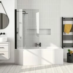 Drench P Shaped Shower Bath With Front Panel And Shower Screen - 1500mm -Drench Store drench 1500 p shape bath matt black screen left lifestyle 2
