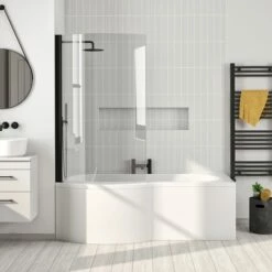 Drench P Shaped Shower Bath With Front Panel And Shower Screen - 1500mm -Drench Store drench 1500 p shape bath matt black screen left lifestyle 3