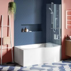 Drench P Shaped Shower Bath With Front Panel And Shower Screen - 1500mm -Drench Store drench 1500 p shaped bath curved screen rail lifestyle1 1