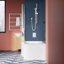 Drench P Shaped Shower Bath With Front Panel And Shower Screen - 1500mm -Drench Store drench 1500 p shaped bath curved screen rail lifestyle3