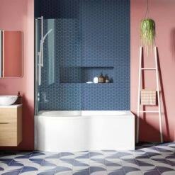 Drench P Shaped Shower Bath With Front Panel And Shower Screen - 1500mm -Drench Store drench 1500 p shaped bath polished chrome curved screen left lifestyle2