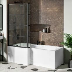 Drench L Shaped ArmourCast Reinforced Shower Bath With Panel And Shower Screen - 1700mm -Drench Store drench 1700 amourcast l shaped bath black grid screen left lifestyle1