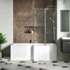 Drench Polished Chrome Double Hinged L-Shaped Bath Screen - 1400 X 825mm -Drench Store drench 1700 amourcast l shaped bath double hinge screen lifestyle2