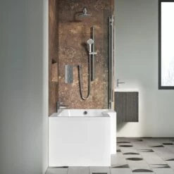 Drench Polished Chrome Double Hinged L-Shaped Bath Screen - 1400 X 825mm -Drench Store drench 1700 amourcast l shaped bath double hinge screen lifestyle3