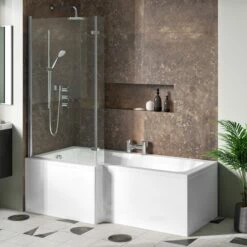 Drench L Shaped ArmourCast Reinforced Shower Bath With Panel And Shower Screen - 1700mm -Drench Store drench 1700 amourcast l shaped bath hinged screen fixed return left lifestyle1