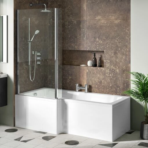 Drench L Shaped ArmourCast Reinforced Shower Bath With Panel And Shower Screen - 1700mm 4 Drench L Shaped ArmourCast Reinforced Shower Bath With Panel And Shower Screen - 1700mm -Drench Store drench 1700 amourcast l shaped bath screen fixed return left lifestyle2