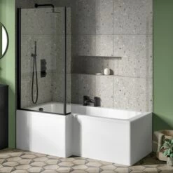 Drench L Shaped Shower Bath With Black Shower Screen & Panel - 1700mm 16 Drench L Shaped Shower Bath With Black Shower Screen & Panel - 1700mm -Drench Store drench 1700 l shaped bath black fixed return screen left lifestyle1