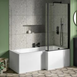 Drench L Shaped Shower Bath With Panel And Shower Screen - 1700mm -Drench Store drench 1700 l shaped bath black fixed return screen lifestyle1 1