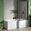 Drench L Shaped Shower Bath With Black Shower Screen & Panel - 1700mm -Drench Store drench 1700 l shaped bath black fixed return screen lifestyle1