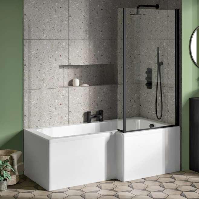 Drench L Shaped Shower Bath With Black Shower Screen & Panel - 1700mm 3 Drench L Shaped Shower Bath With Black Shower Screen & Panel - 1700mm