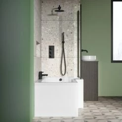 Vellamo City 6mm Matt Black Square Corner Hinged Bath Screen With Fixed Return - 1430 X 808mm -Drench Store drench 1700 l shaped bath black fixed return screen lifestyle3 1