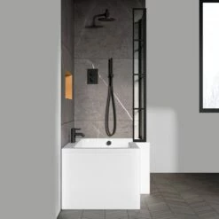 Vellamo City 6mm Matt Black Framed Hinged Bath Screen With Fixed Return - 1430 X 808mm -Drench Store drench 1700 l shaped bath black grid screen lifestyle3