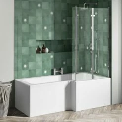Drench L Shaped Shower Bath With Panel And Shower Screen - 1700mm -Drench Store drench 1700 l shaped bath double hinged screen lifestyle1