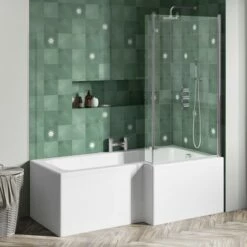 Drench L Shaped Shower Bath With Panel And Shower Screen - 1700mm -Drench Store drench 1700 l shaped bath hinged screen fixed return lifestyle1