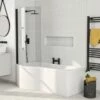 Drench P-Shaped Lucite® Shower Bath With Matt Black Curved Shower Screen & Panel - 1700mm 2 Drench P-Shaped Lucite® Shower Bath With Matt Black Curved Shower Screen & Panel - 1700mm -Drench Store drench 1700 p shape bath matt black screen left lifestyle 1 1