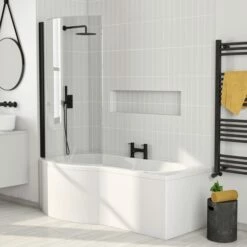 Drench P Shaped ArmourCast Reinforced Shower Bath With Front Panel And Shower Screen - 1700mm 16 Drench P Shaped ArmourCast Reinforced Shower Bath With Front Panel And Shower Screen - 1700mm -Drench Store drench 1700 p shape bath matt black screen left lifestyle 1