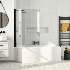 Drench P Shaped ArmourCast Reinforced Shower Bath With Front Panel And Shower Screen - 1700mm 17 Drench P Shaped ArmourCast Reinforced Shower Bath With Front Panel And Shower Screen - 1700mm -Drench Store drench 1700 p shape bath matt black screen left lifestyle 2