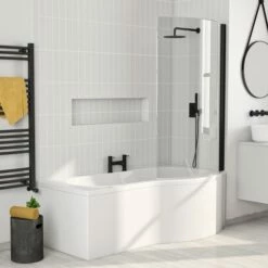 Drench P-Shaped Lucite® Shower Bath With Matt Black Curved Shower Screen & Panel - 1700mm -Drench Store drench 1700 p shape bath matt black screen right lifestyle 1 1