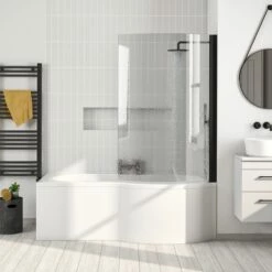 Drench P-Shaped Lucite® Shower Bath With Matt Black Curved Shower Screen & Panel - 1700mm -Drench Store drench 1700 p shape bath matt black screen right lifestyle 3 1