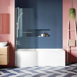 Drench P Shaped ArmourCast Reinforced Shower Bath With Front Panel And Shower Screen - 1700mm 19 Drench P Shaped ArmourCast Reinforced Shower Bath With Front Panel And Shower Screen - 1700mm -Drench Store drench 1700 p shaped bath curved screen rail left lifestyle2 1