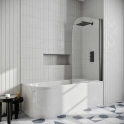 Drench J Shaped Shower Bath With Panel & Shower Screen 18 Drench J Shaped Shower Bath With Panel & Shower Screen -Drench Store drench j shaped shower bath right black curved screen lifestyle 2