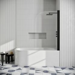 Drench J Shaped Shower Bath With Panel & Shower Screen 17 Drench J Shaped Shower Bath With Panel & Shower Screen -Drench Store drench j shaped shower bath right black curved screen lifestyle