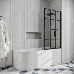 Drench J Shaped Shower Bath With Panel & Shower Screen 20 Drench J Shaped Shower Bath With Panel & Shower Screen -Drench Store drench j shaped shower bath right black grid screen lifestyle 2