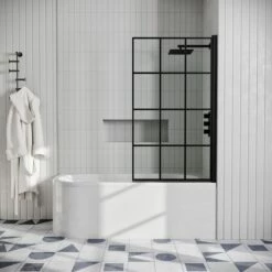 Drench J Shaped Shower Bath With Panel & Shower Screen 19 Drench J Shaped Shower Bath With Panel & Shower Screen -Drench Store drench j shaped shower bath right black grid screen lifestyle