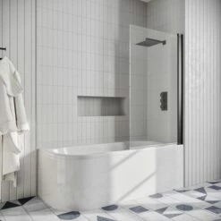 Drench J Shaped Shower Bath With Panel & Shower Screen 16 Drench J Shaped Shower Bath With Panel & Shower Screen -Drench Store drench j shaped shower bath right black square screen lifestyle 2