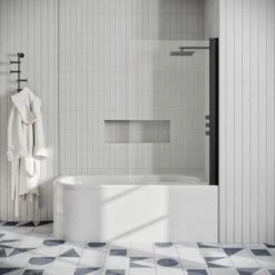 Drench J Shaped Shower Bath With Panel & Shower Screen 15 Drench J Shaped Shower Bath With Panel & Shower Screen -Drench Store drench j shaped shower bath right black square screen lifestyle