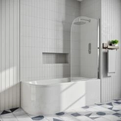 Drench J Shaped Shower Bath With Panel & Shower Screen 14 Drench J Shaped Shower Bath With Panel & Shower Screen -Drench Store drench j shaped shower bath right chrome curved screen lifestyle 2