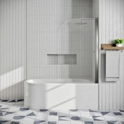 Drench J Shaped Shower Bath With Panel & Shower Screen 13 Drench J Shaped Shower Bath With Panel & Shower Screen -Drench Store drench j shaped shower bath right chrome curved screen lifestyle