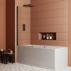 Drench Keyhole Shower Bath & Shower Screen -Drench Store drench keyhole shower bath 1700 black curved screen lifestyle 2