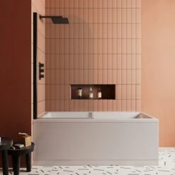 Drench Keyhole Shower Bath & Shower Screen -Drench Store drench keyhole shower bath 1700 black curved screen lifestyle